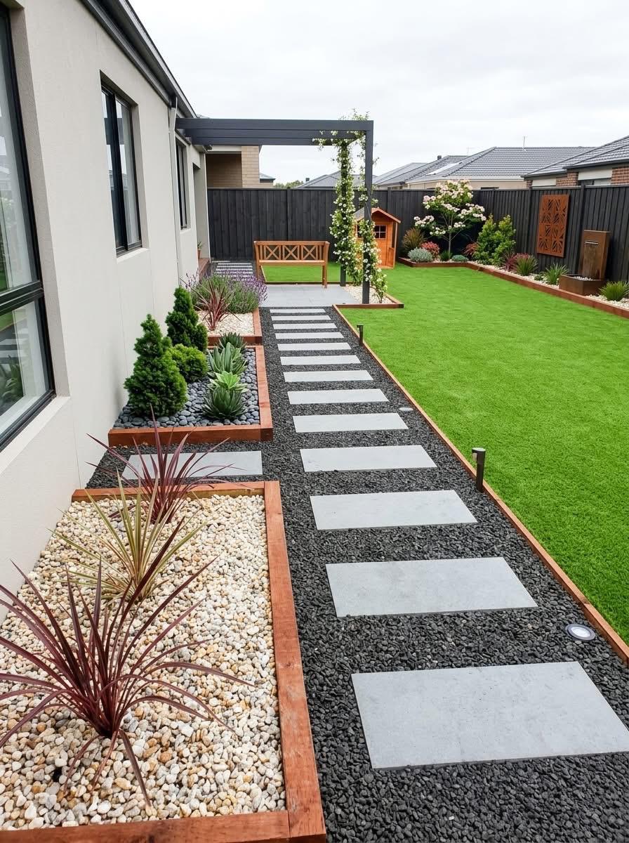 Side-yard transformation with raised planter beds, paver stepping stones over dark gravel, and artificial turf
