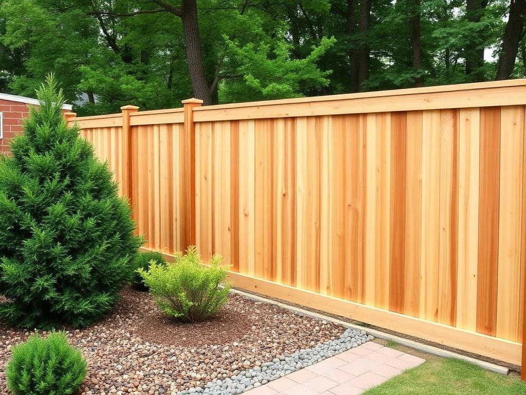 Clean horizontal cedar privacy fence along a landscaped yard with gravel bed and paver path