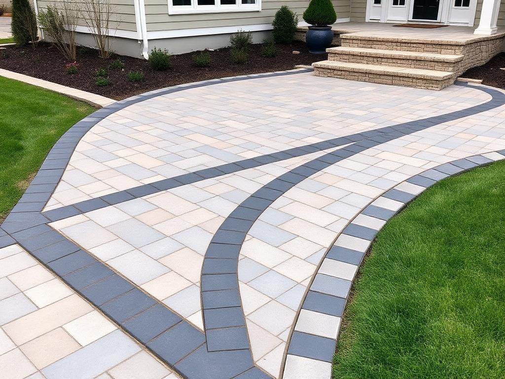 Professionally installed paver patio and walkway with charcoal border and stone steps