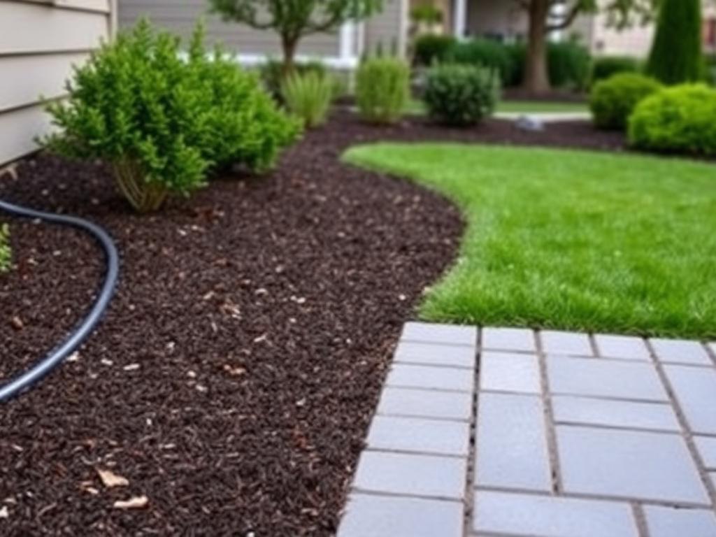 Drip irrigation line in a mulch bed beside a paver patio with integrated drainage