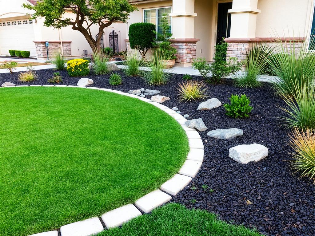 Finished residential landscape with green sod, decorative rock, mulch beds and clean garden lines